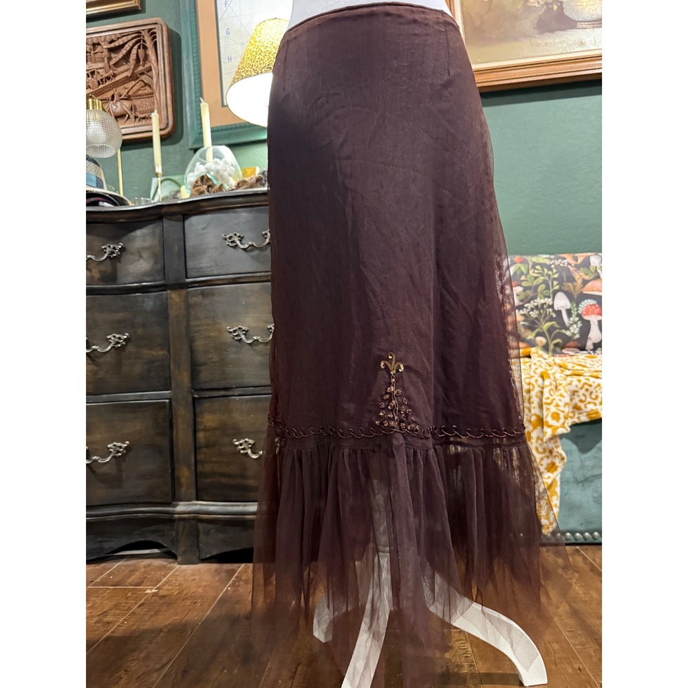 April Cornell Brown Tulle Mesh Beaded Midi Skirt Womens Small Cottagecore Boho